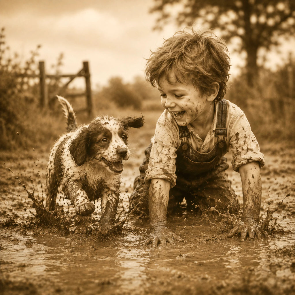 Childhood Friends - Muddy Adventures Boy and Dog Greeting Card - Nostalgic Sepia Friendship Card