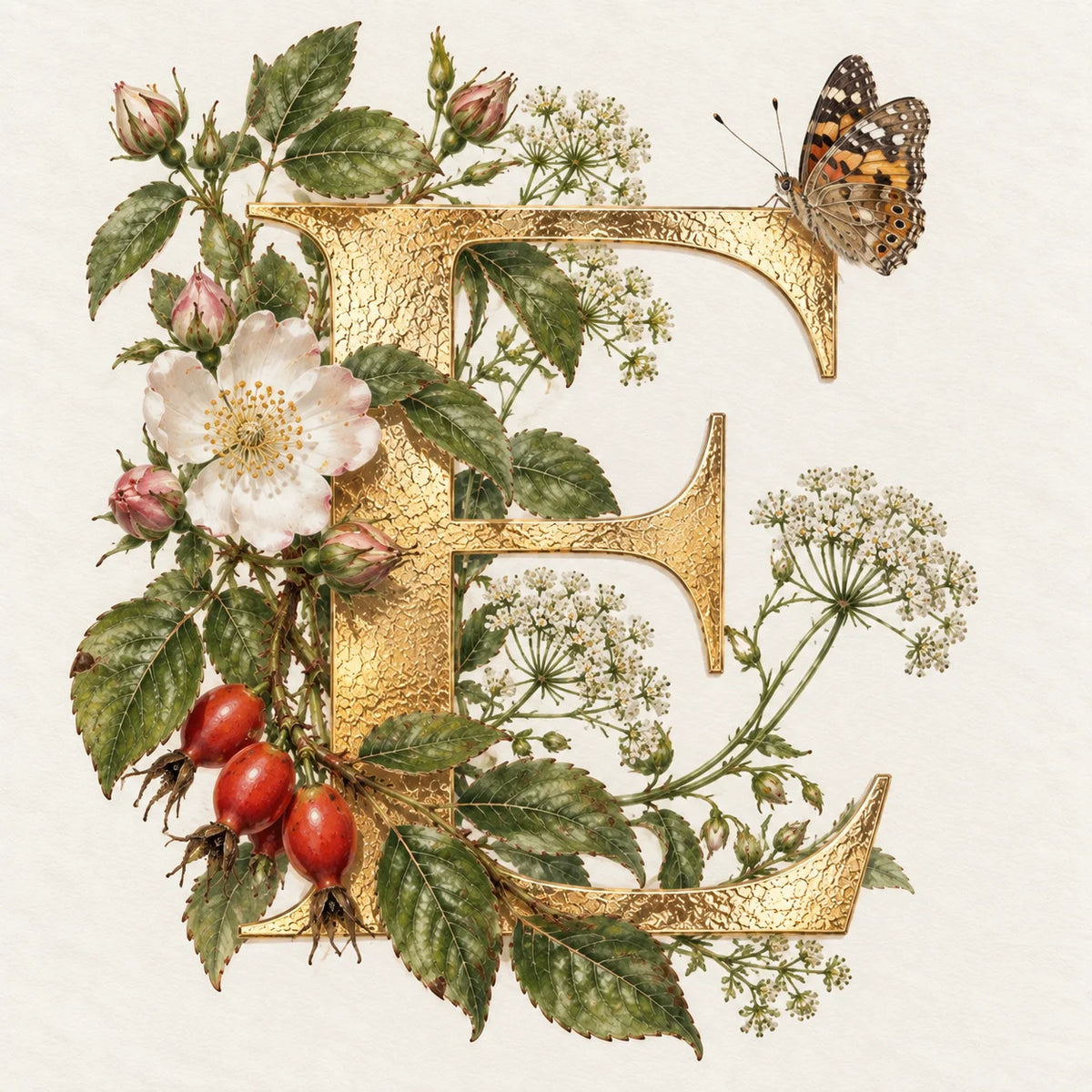 Botanical Letter E Card - Floral Initial , 6 x 6 Inch Greeting Card, Blank Inside with Envelope