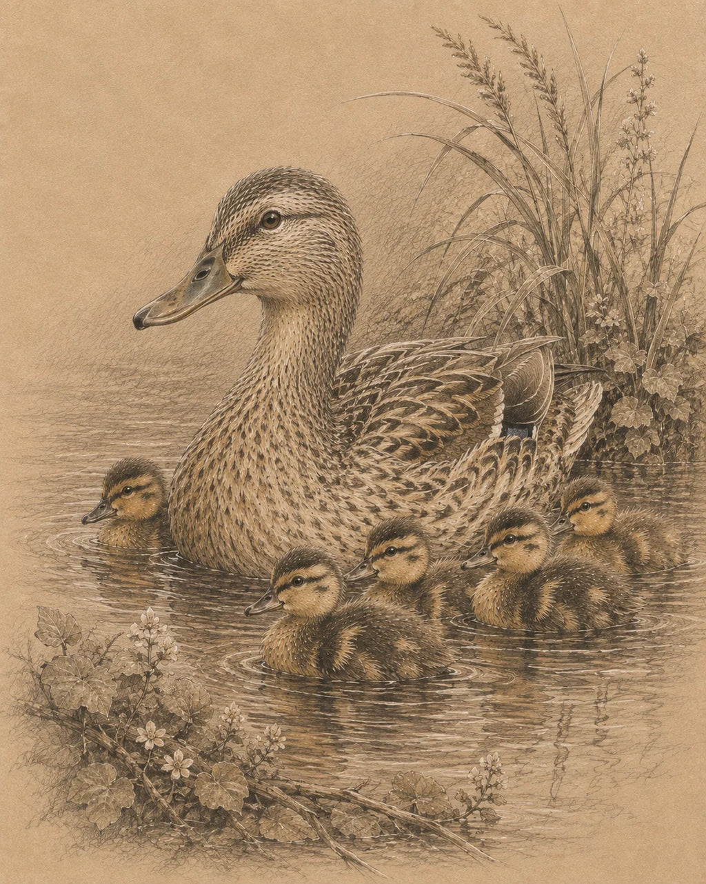 Duck and Ducklings Greeting Card - Sepia Wildlife Card - Mother Duck and Babies - Countryside Nature Card - Single Card or Pack of 5