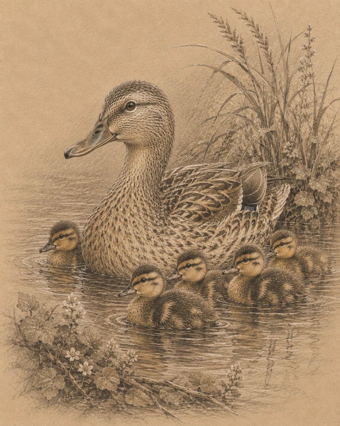 Duck and Ducklings Greeting Card - Sepia Wildlife Card - Mother Duck and Babies - Countryside Nature Card - Single Card or Pack of 5