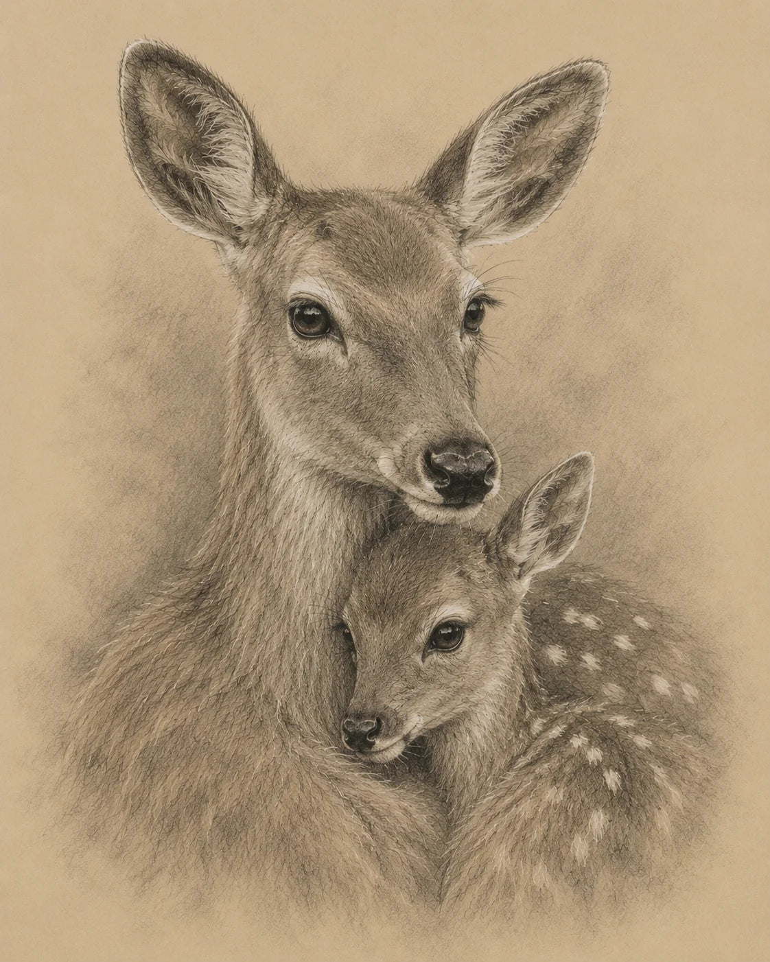 Deer and Fawn Greeting Card - Sepia Wildlife Card - Mother and Baby Deer - Woodland Nature Card - Single Card or Pack of 5