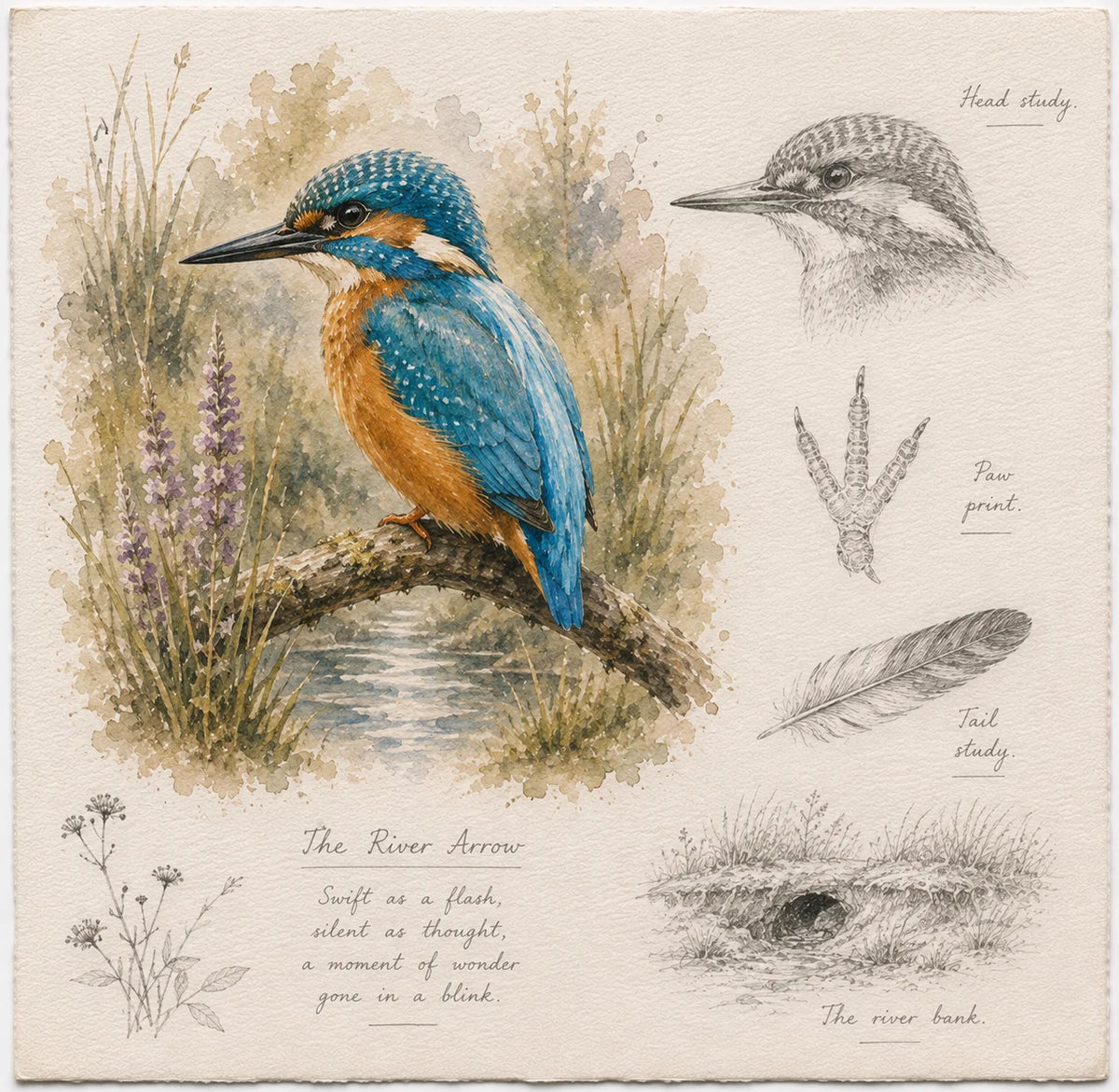 Kingfisher Greeting Card - British Bird Field Journal Card - Single Card or Pack of 5