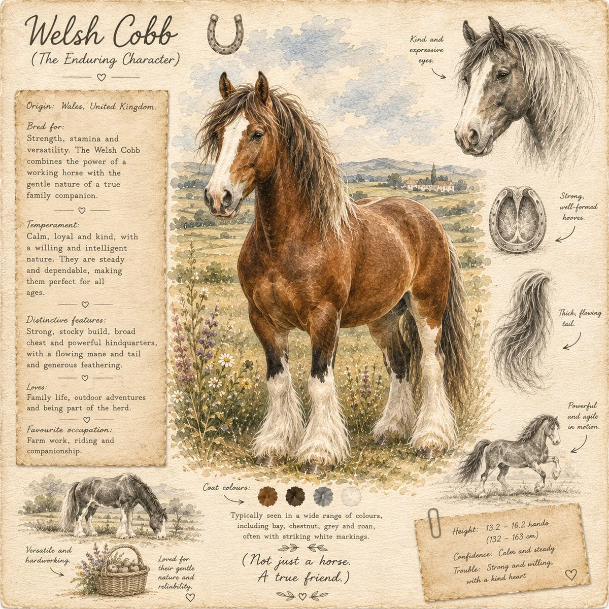 Welsh Cob Greeting Card - Welsh Horse Card - Equestrian Field Journal Style - Horse Lover Gift - Single Card or Pack of 5