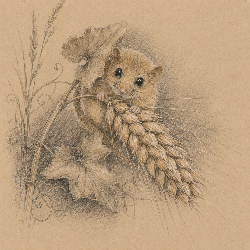 Harvest Mouse Greeting Card - Sepia Wildlife Card - Country Mouse Illustration - Nature Lover Gift - Single Card or Pack of 5