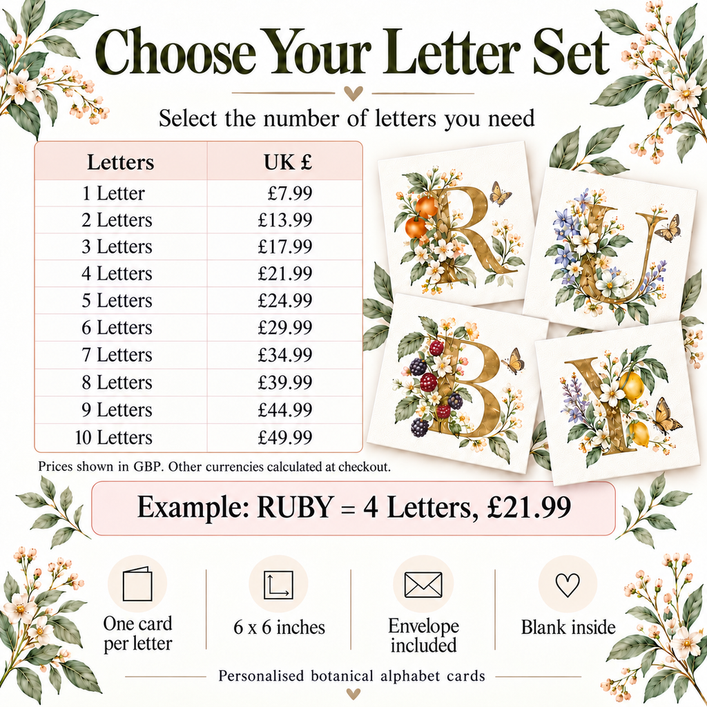 Personalised Botanical Alphabet Cards - Single Initial or Custom Name Letter Set, 1-10 Letters