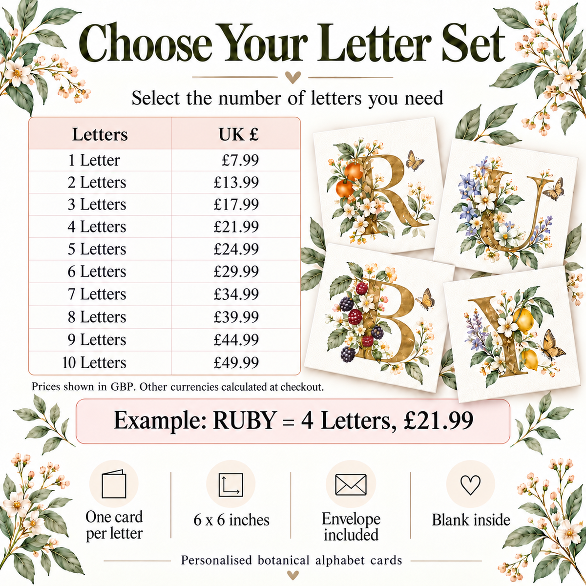 Personalised Botanical Alphabet Cards - Single Initial or Custom Name Letter Set, 1-10 Letters