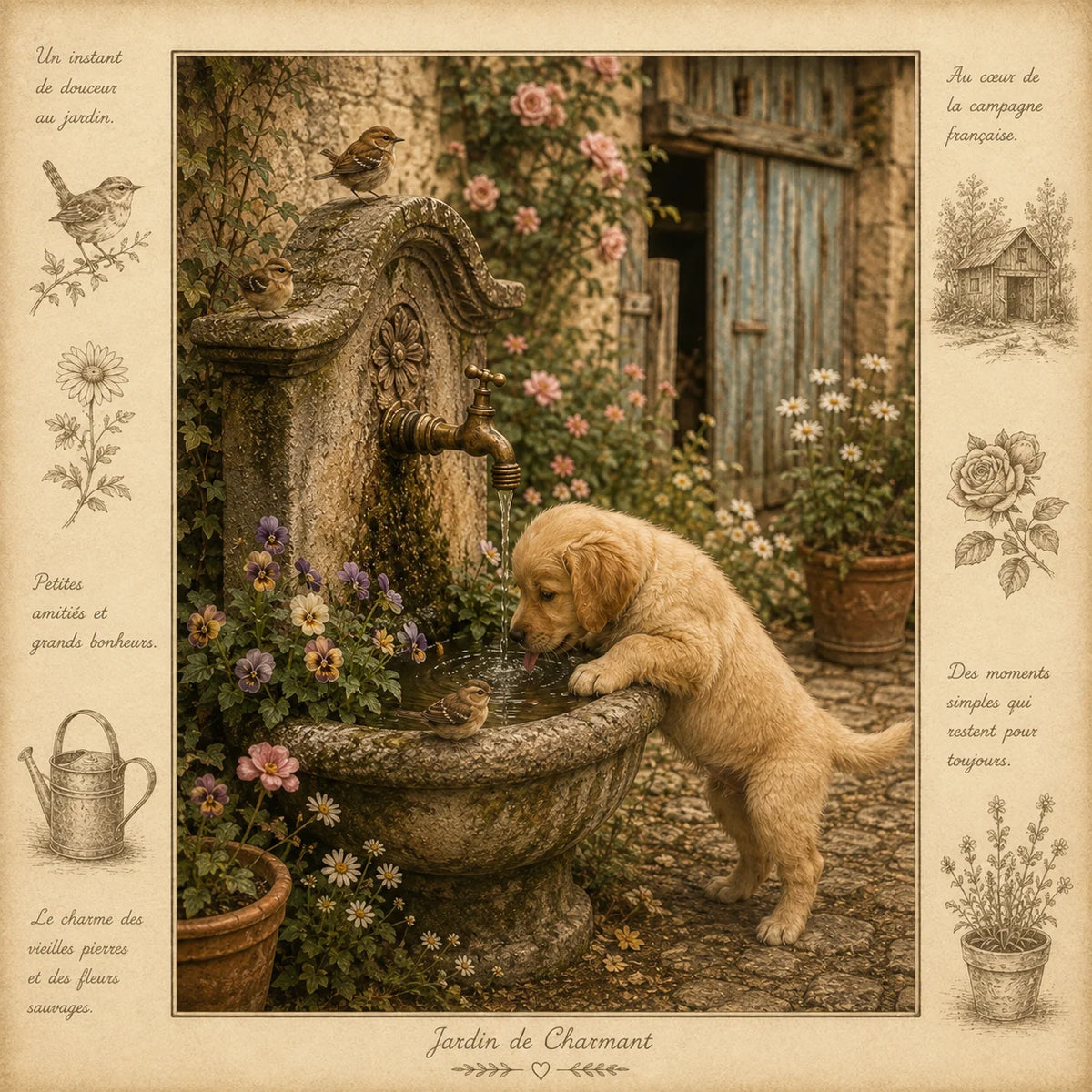 Golden Retriever Puppy Card - Jardin de Charmant - French Country Garden Greeting Card - Dog Lover Gift