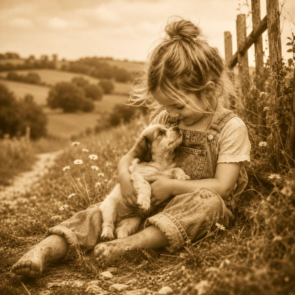 Childhood Friends - Little Girl and Puppy Greeting Card - Nostalgic Sepia Dog Friendship Card