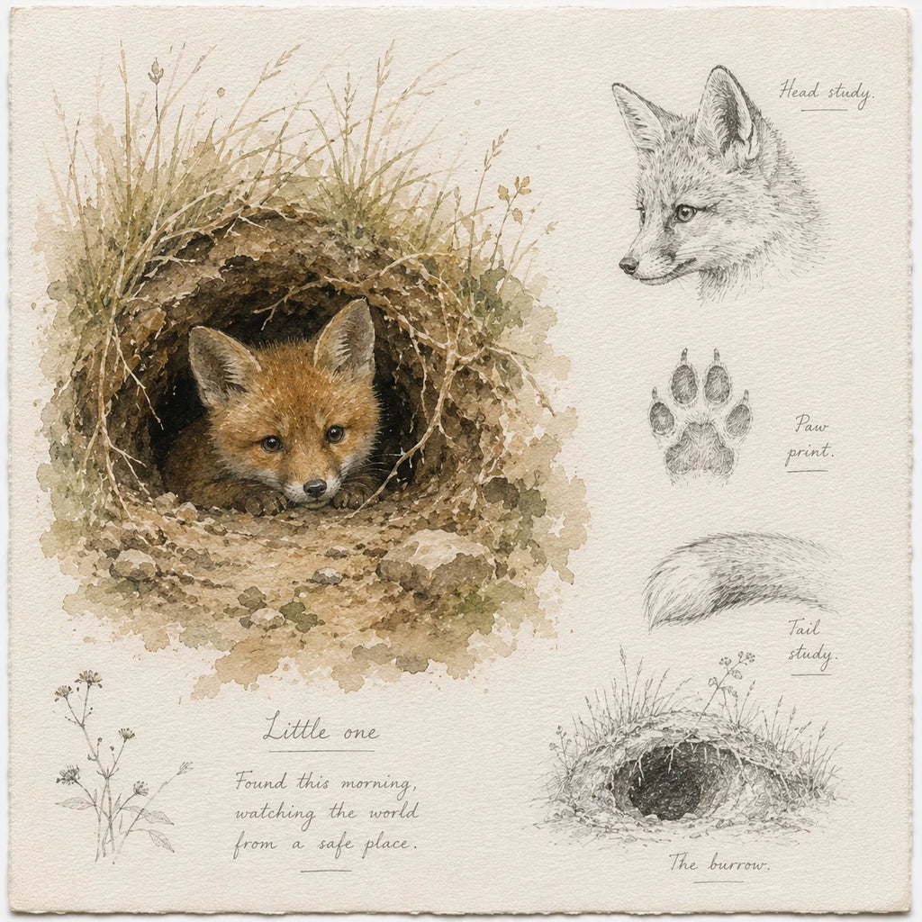 Fox Cub Greeting Card - Baby Fox Wildlife Card - British Countryside Field Journal Card - Single Card or Pack of 5