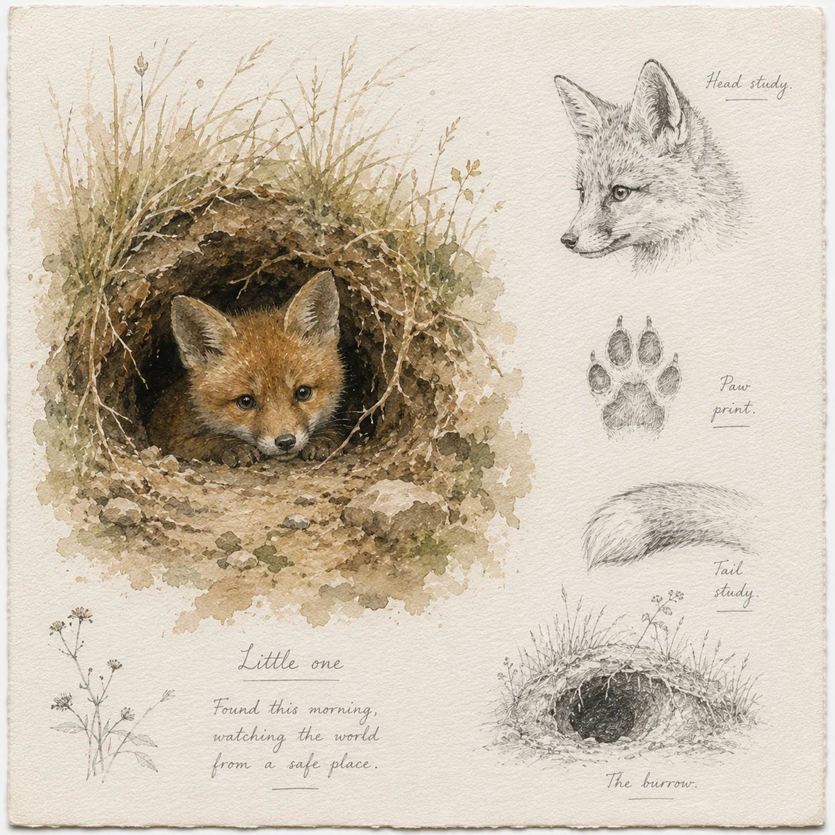 Fox Cub Greeting Card - Baby Fox Wildlife Card - British Countryside Field Journal Card - Single Card or Pack of 5