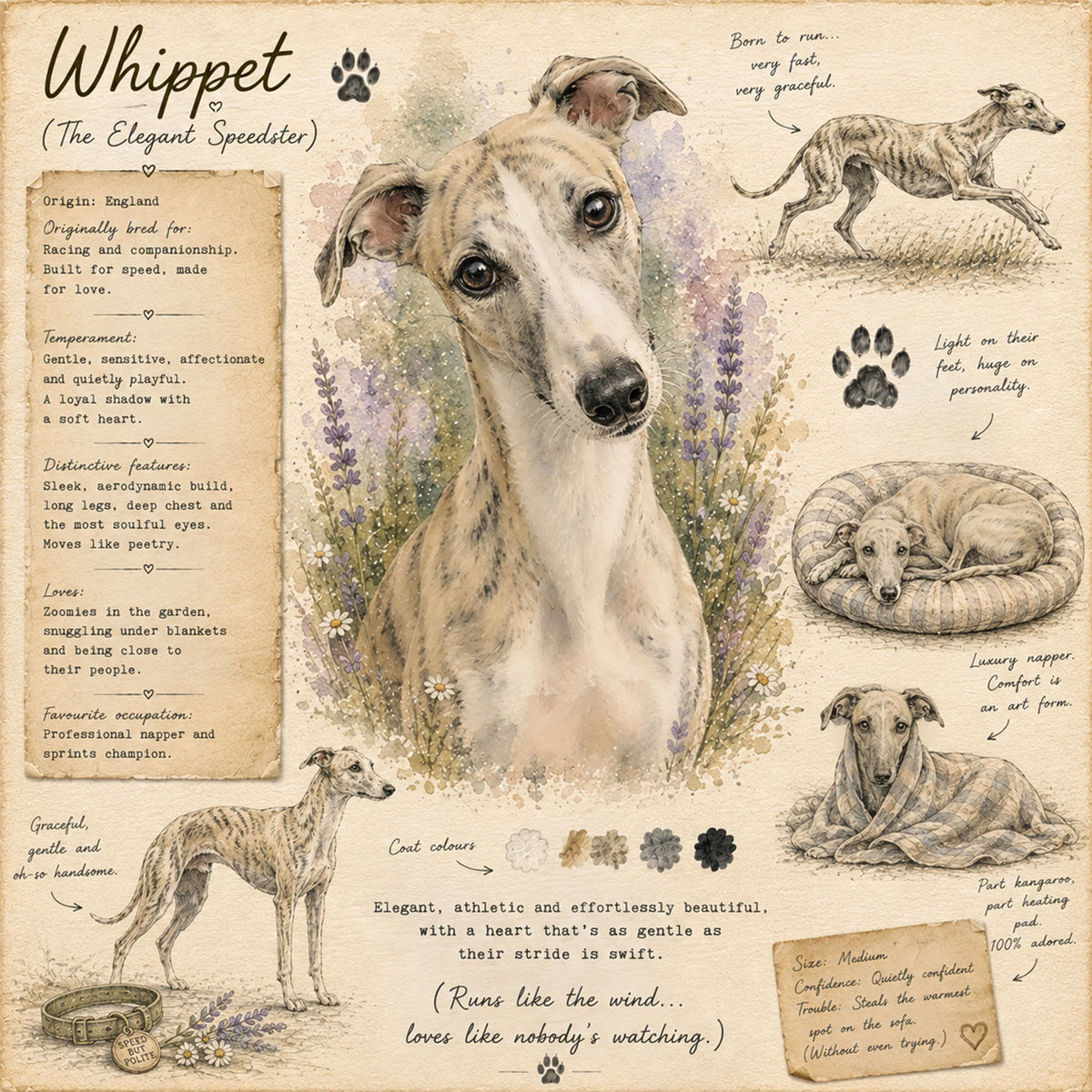 Whippet Greeting Card - Funny Whippet Dog Field Journal Card - Single Card or Pack of 5