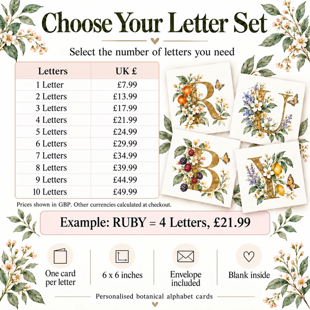 Botanical Letter U Card - Floral Initial , 6 x 6 Inch Greeting Card, Blank Inside with Envelope