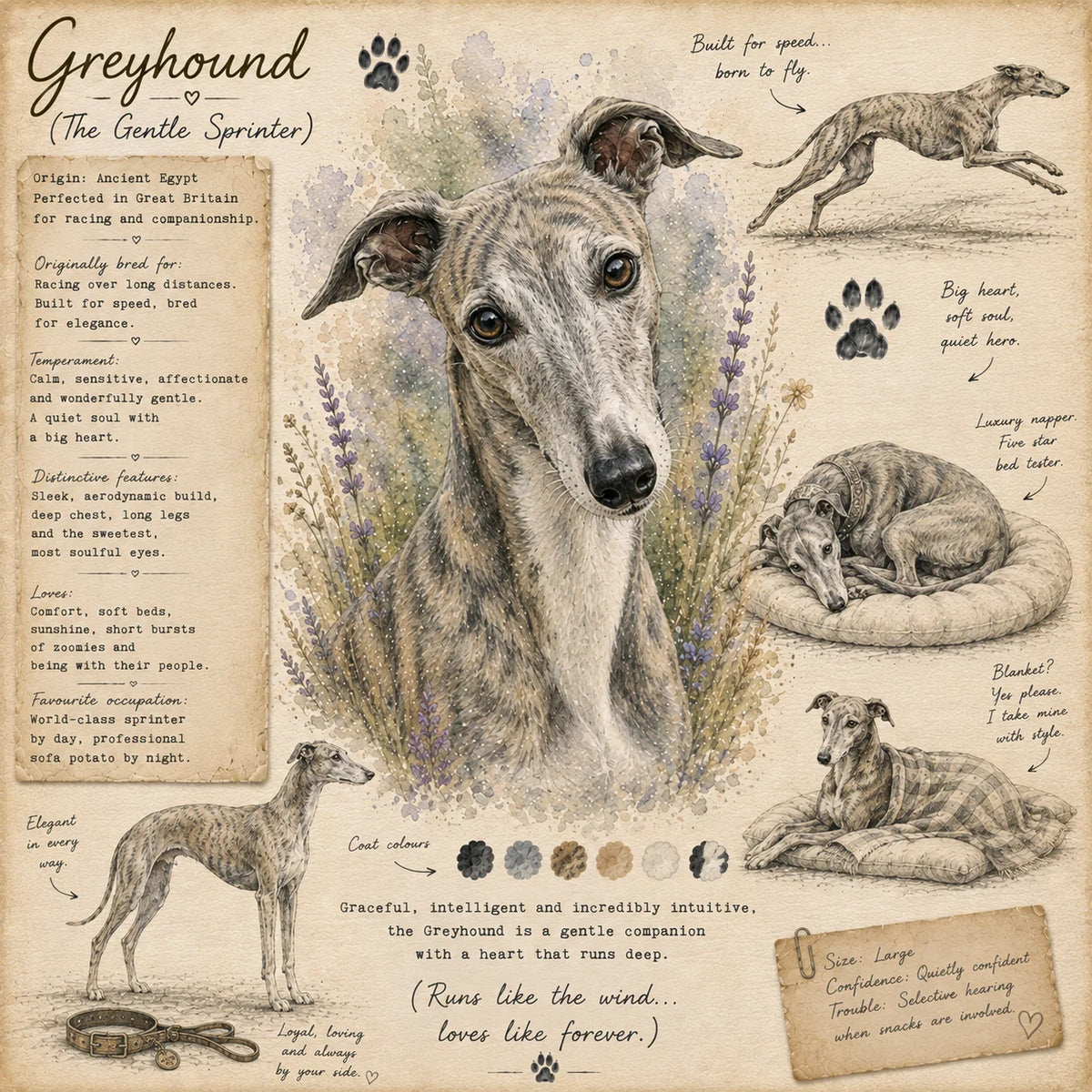 Greyhound Greeting Card - Funny Greyhound Dog Field Journal Card - Single Card or Pack of 5
