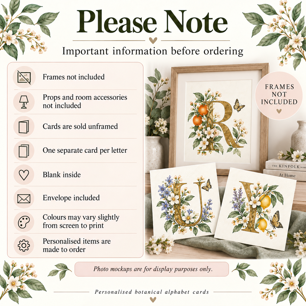 Personalised Botanical Alphabet Cards - Single Initial or Custom Name Letter Set, 1-10 Letters