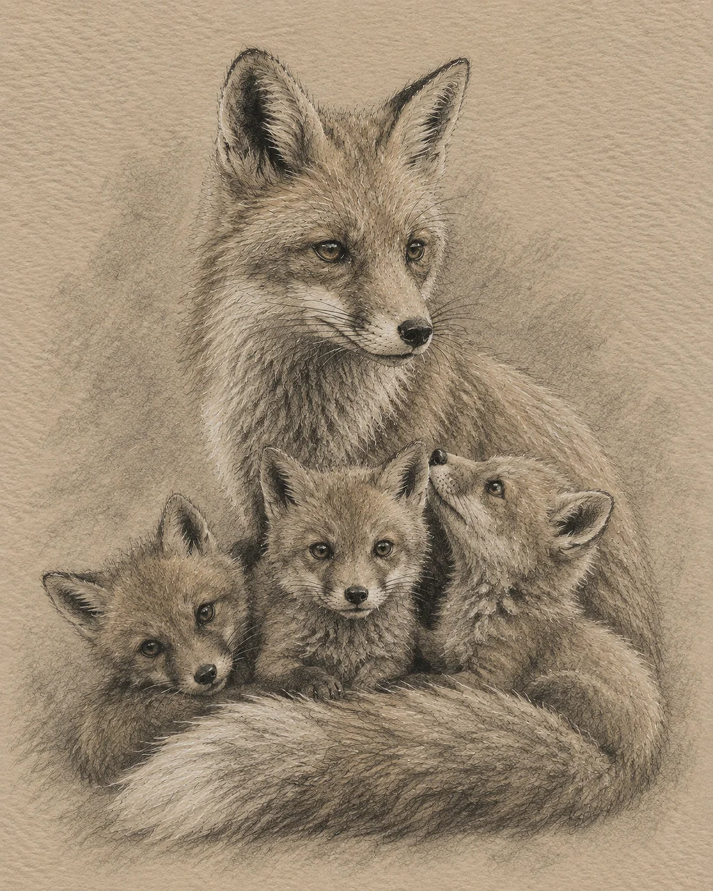 Fox and Cubs Greeting Card - Sepia Wildlife Card - Vixen and Fox Cubs - Woodland Animal Card - Single Card or Pack of 5