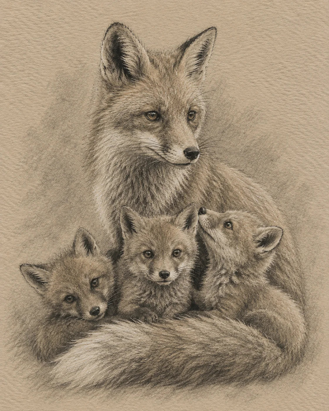 Fox and Cubs Greeting Card - Sepia Wildlife Card - Vixen and Fox Cubs - Woodland Animal Card - Single Card or Pack of 5