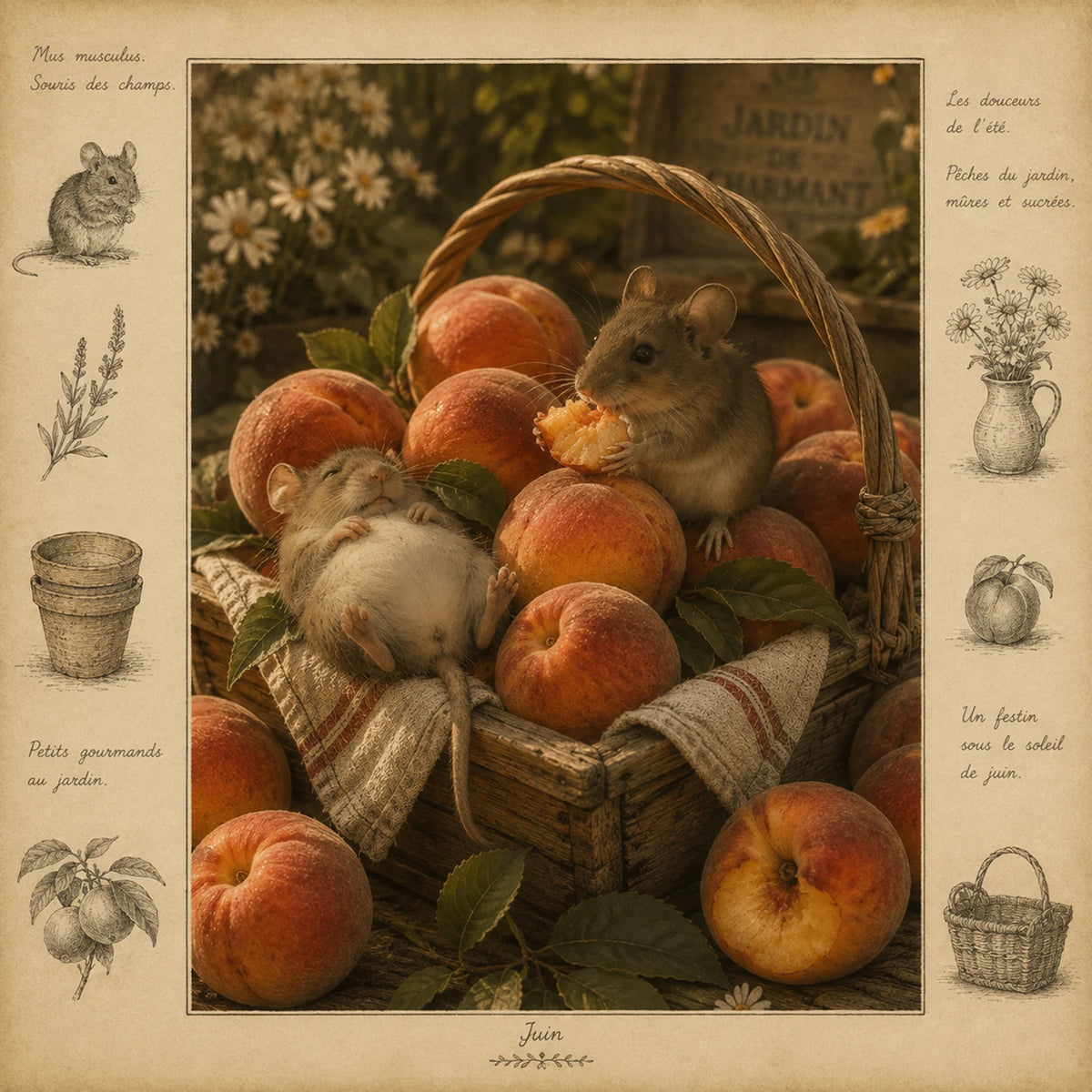 Field Mice and Peaches Greeting Card - French Country Garden Card - Vintage Wildlife Card - House of Charmant