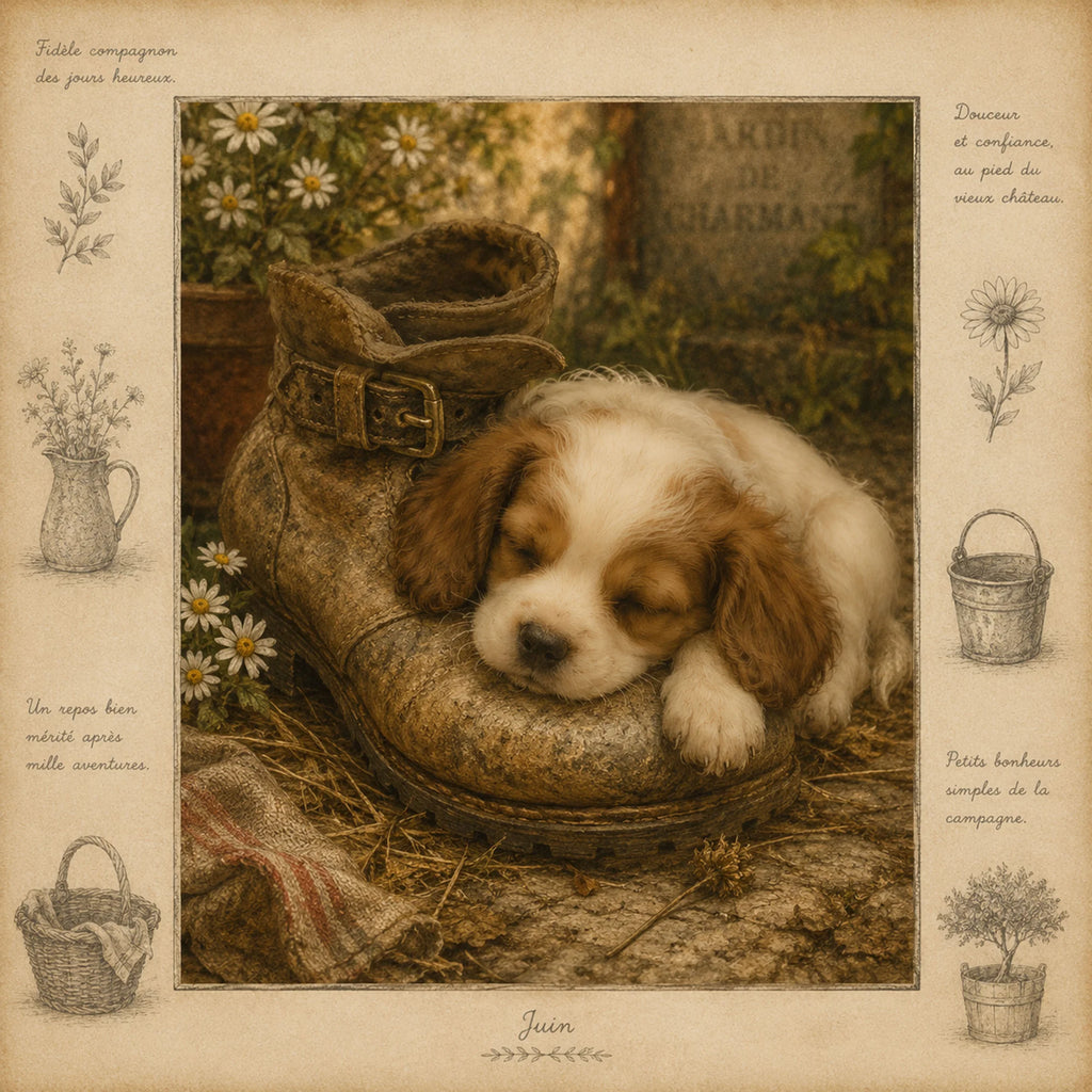 Spaniel Puppy Sleeping on a Vintage Boot Greeting Card - French Country Dog Card - Jardin de Charmant