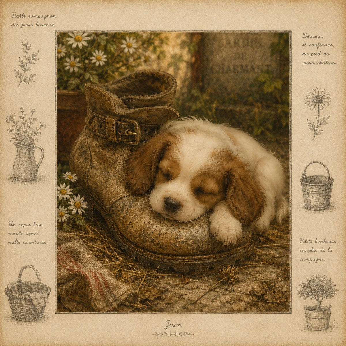 Spaniel Puppy Sleeping on a Vintage Boot Greeting Card - French Country Dog Card - Jardin de Charmant