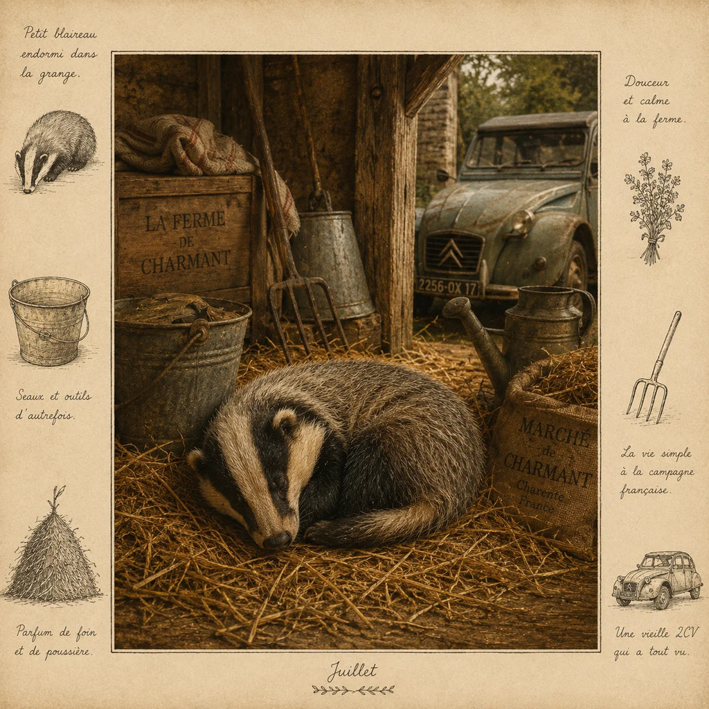 Sleeping Badger Greeting Card - French Countryside Wildlife Card - Rustic Farm Animal Card - Single Card or Pack of 5