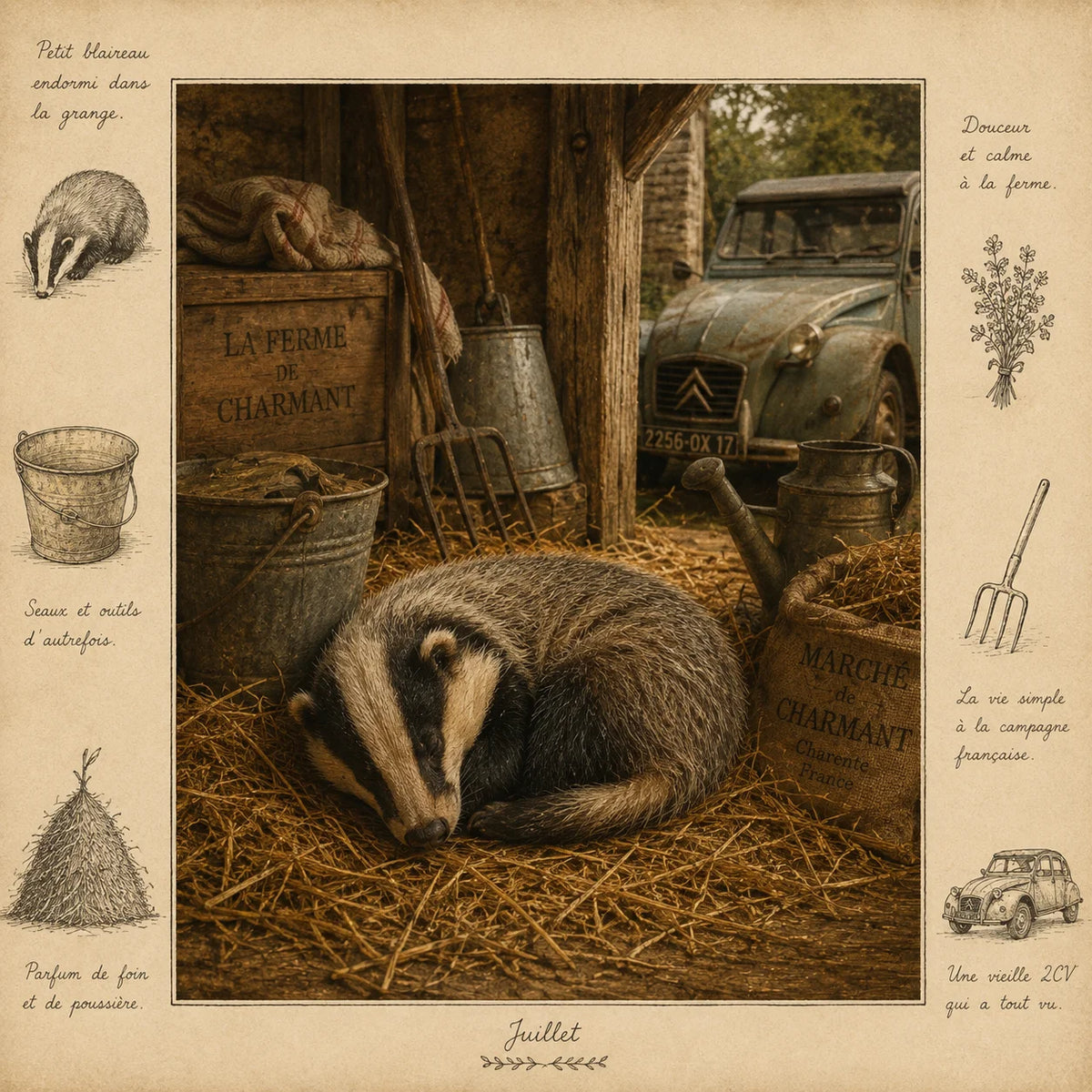 Sleeping Badger Greeting Card - French Countryside Wildlife Card - Rustic Farm Animal Card - Single Card or Pack of 5