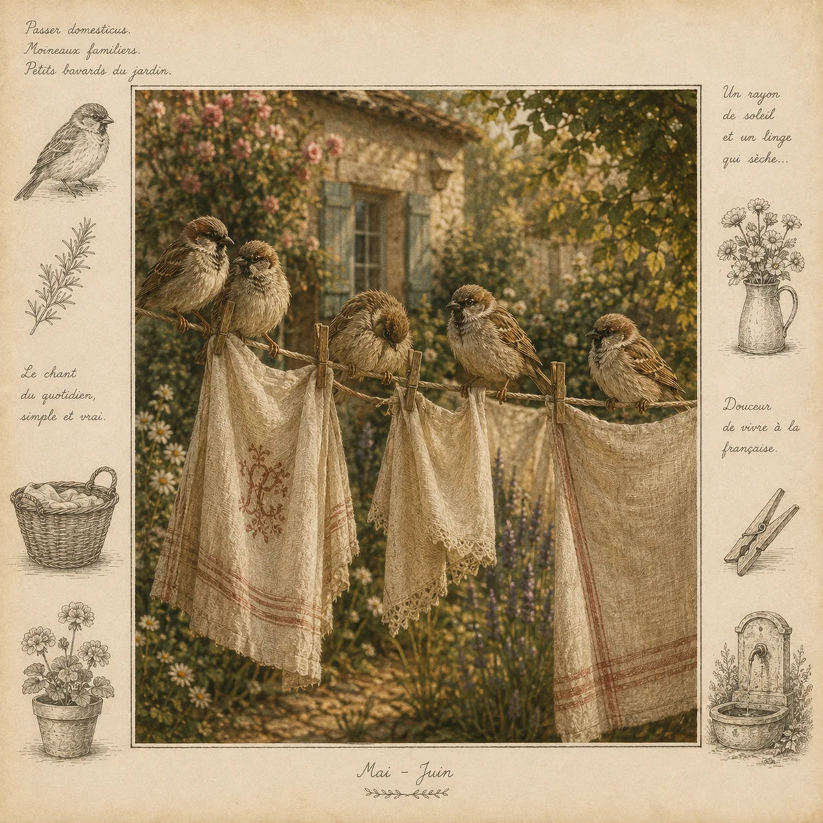 Sparrows on a Washing Line Greeting Card - French Country Garden Bird Card - Jardin de Charmant