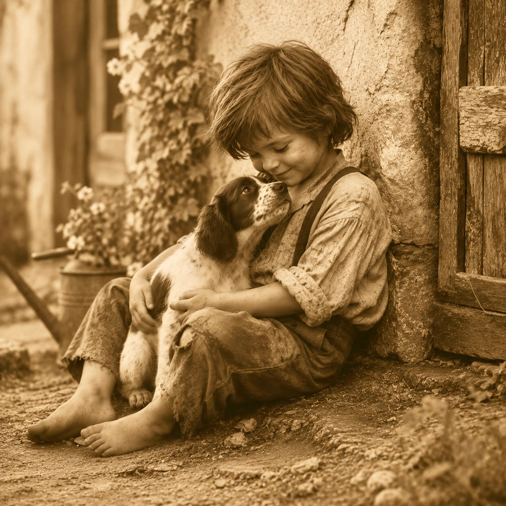 Childhood Friends - Boy and Spaniel Puppy Greeting Card - Nostalgic Sepia Friendship Card