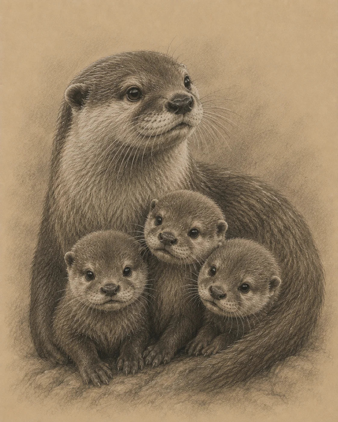 Otter and Pups Greeting Card - Sepia Wildlife Card - Mother Otter and Babies - Nature Lover Card - Single Card or Pack of 5