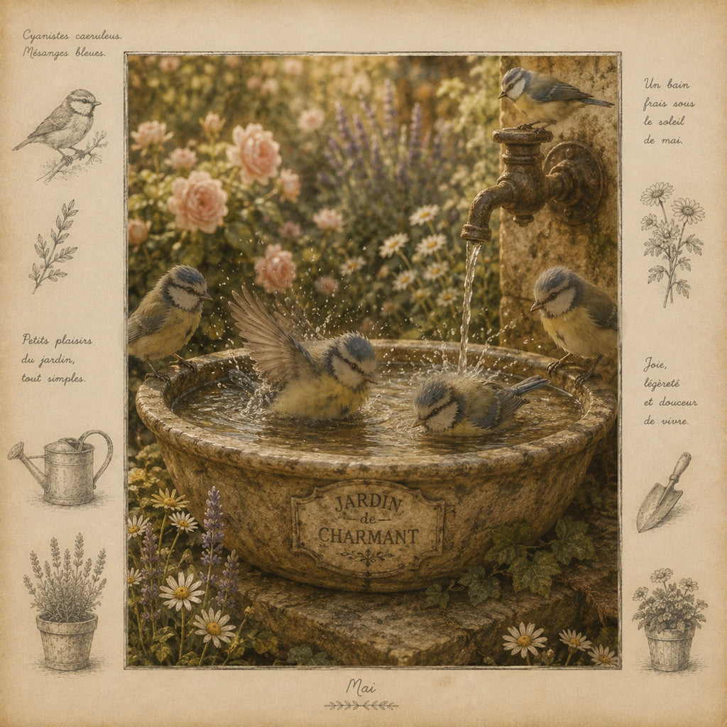 Blue Tits Garden Greeting Card - Bird Bath Wildlife Card - French Countryside Card - Single Card or Pack of 5
