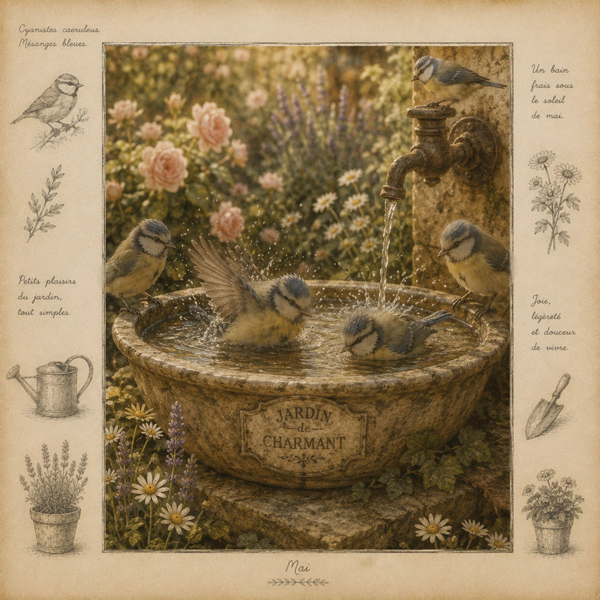 Blue Tits Garden Greeting Card - Bird Bath Wildlife Card - French Countryside Card - Single Card or Pack of 5