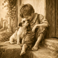 Childhood Friends - Best Friends Boy and Dog Greeting Card - Nostalgic Sepia Dog Lover Card