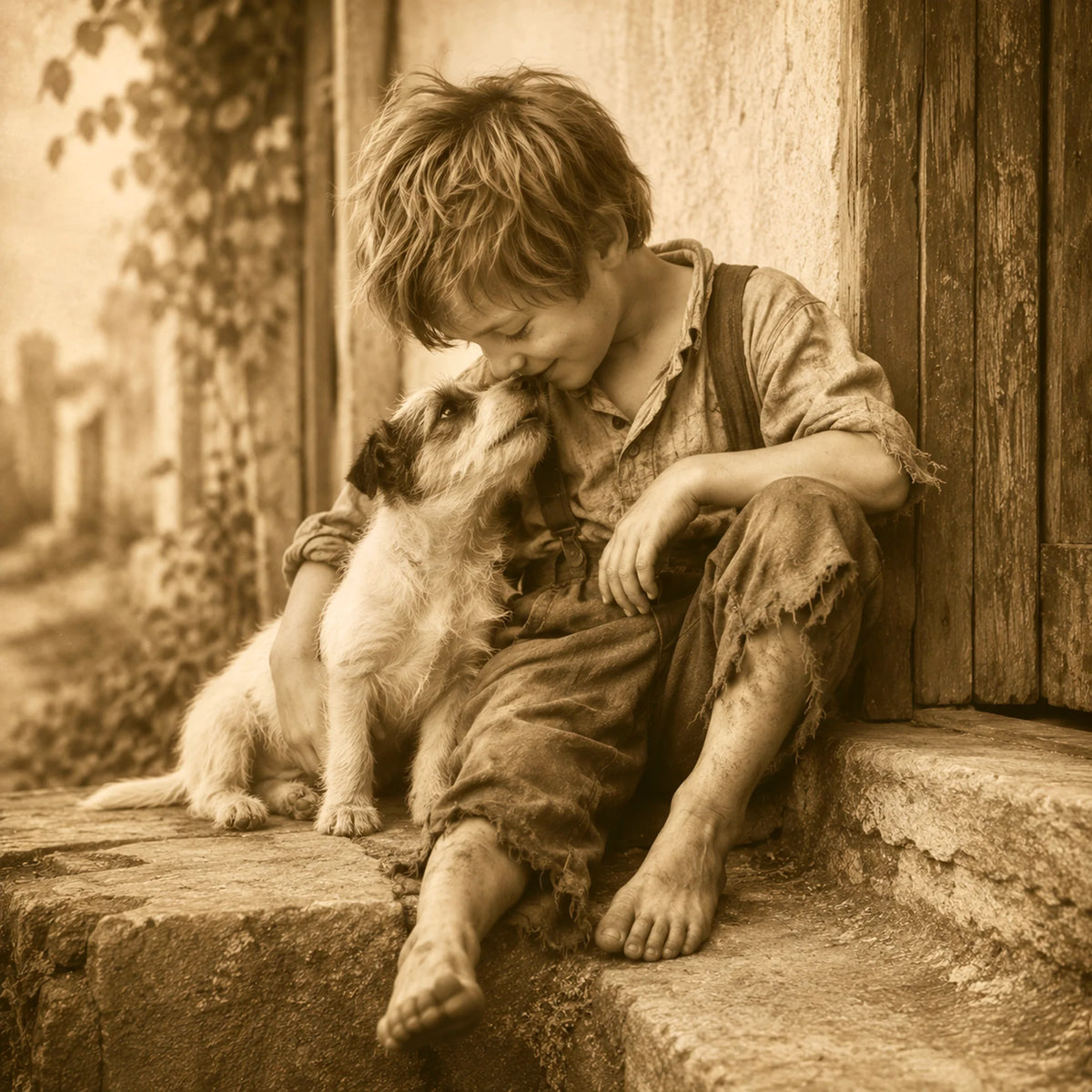 Childhood Friends - Best Friends Boy and Dog Greeting Card - Nostalgic Sepia Dog Lover Card