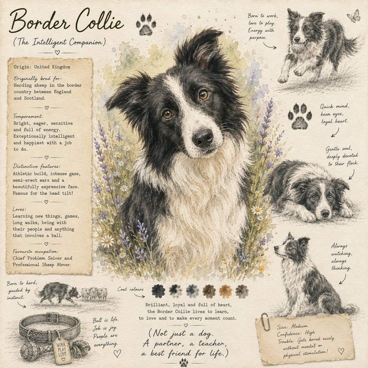 Border Collie Greeting Card - Single Card or Pack of 5 - Watercolour Style Dog Art - Border Collie Dog Lover Gift