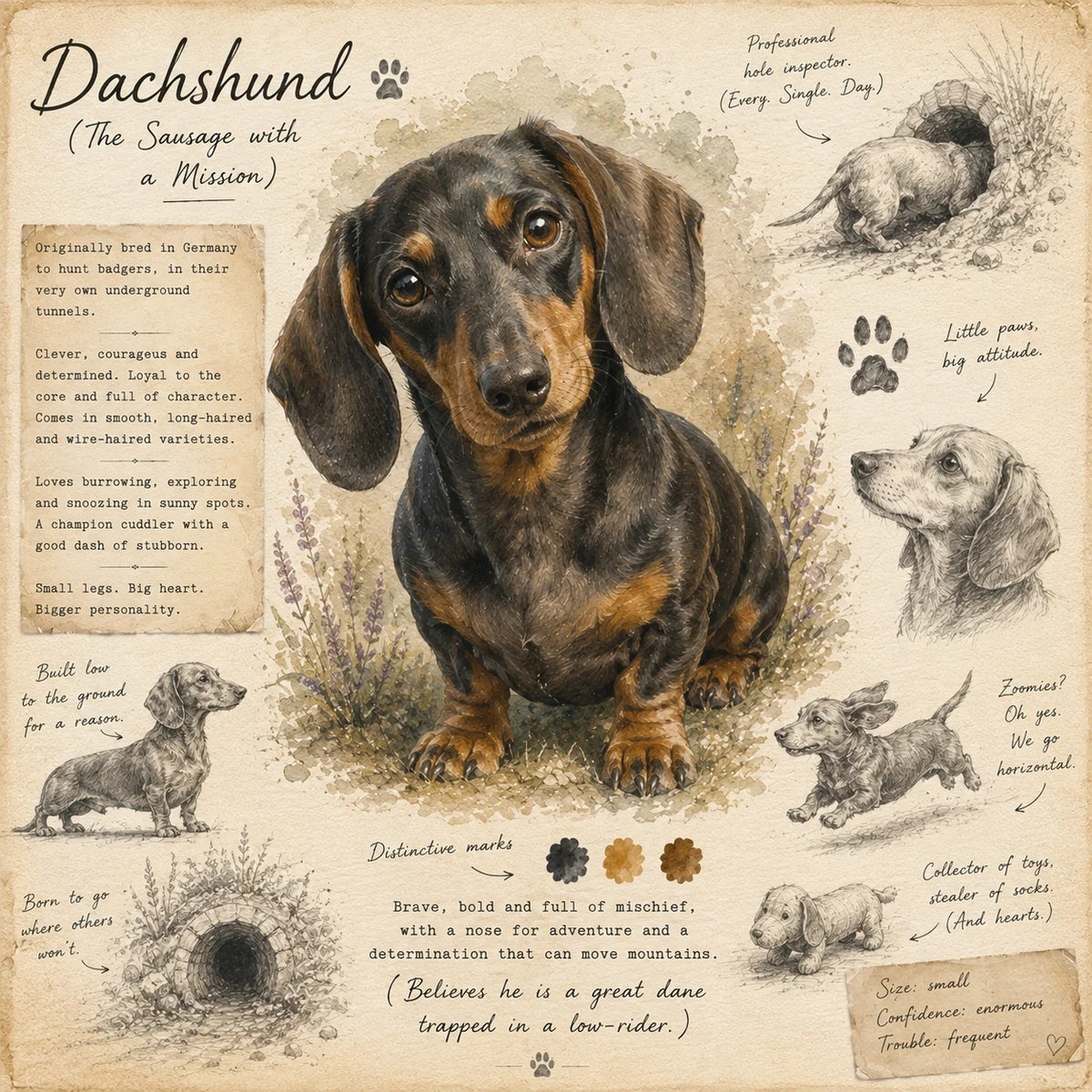 Dachshund Greeting Card - Sausage Dog Card - Field Journal Style - Dachshund Lover Gift - Single Card or Pack of 5