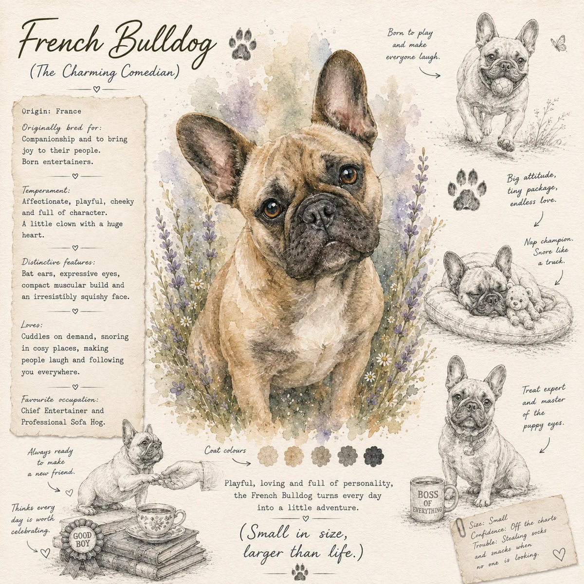 French Bulldog Greeting Card - Single Card or Pack of 5 - Watercolour Style Dog Art - Frenchie Dog Lover Gift