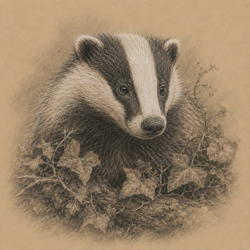 Badger Greeting Card - Sepia Wildlife Card - British Countryside Animal Portrait - Nature Lover Gift - Single Card or Pack of 5