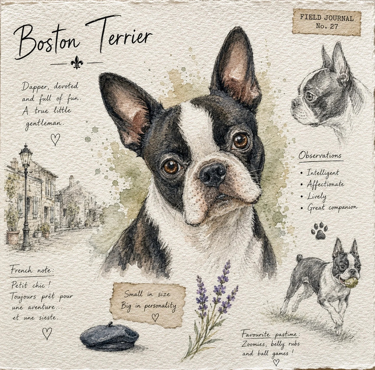 Boston Terrier Greeting Card - Boston Terrier Birthday Card - Dog Lover Gift - Watercolour Style - Single Card or Pack of 5