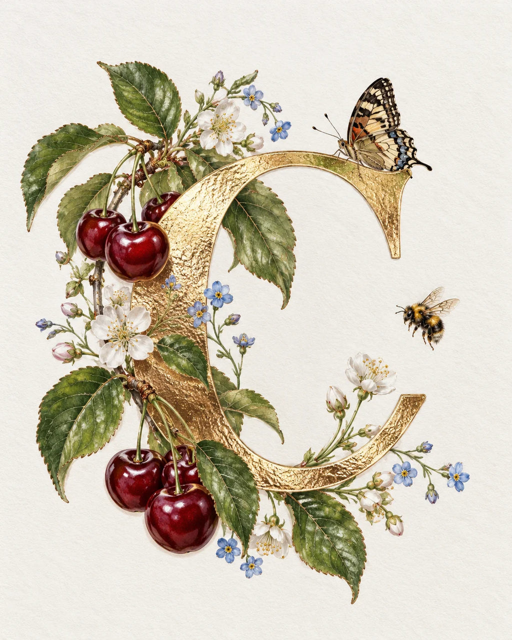 Botanical Letter C Card - Floral Initial C, 6 x 6 Inch Greeting Card, Blank Inside with Envelope