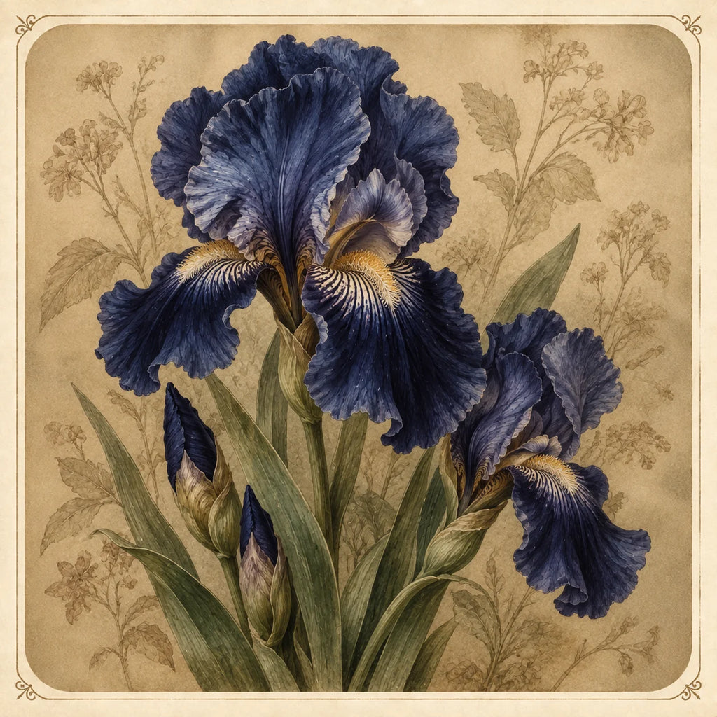Vintage Blue Iris Card Botanical Floral Greeting Card Flower Lover Single or Pack of 5