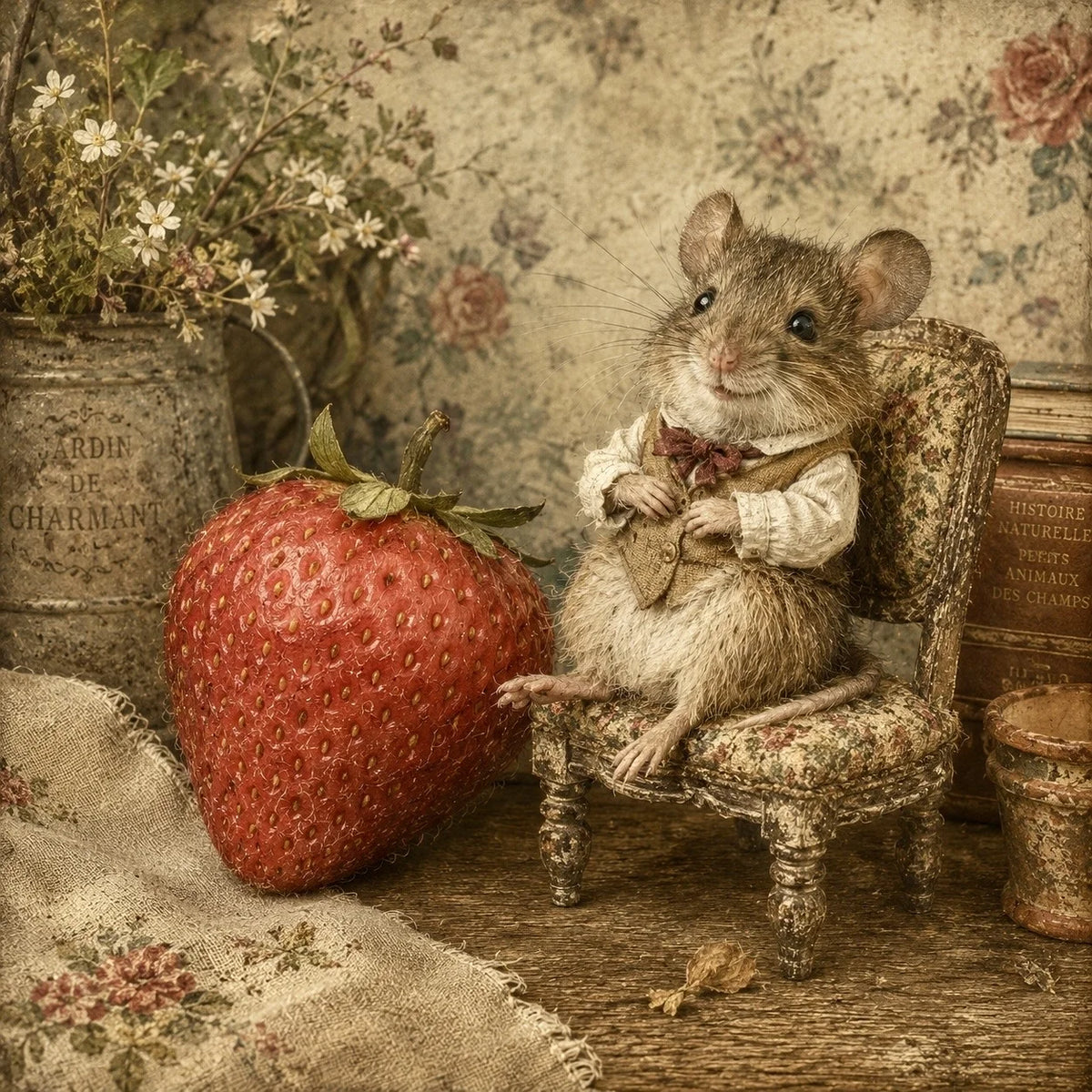 The Whimsy Collection - Charming Countryside Mouse and Strawberry Illustrated Greeting Card