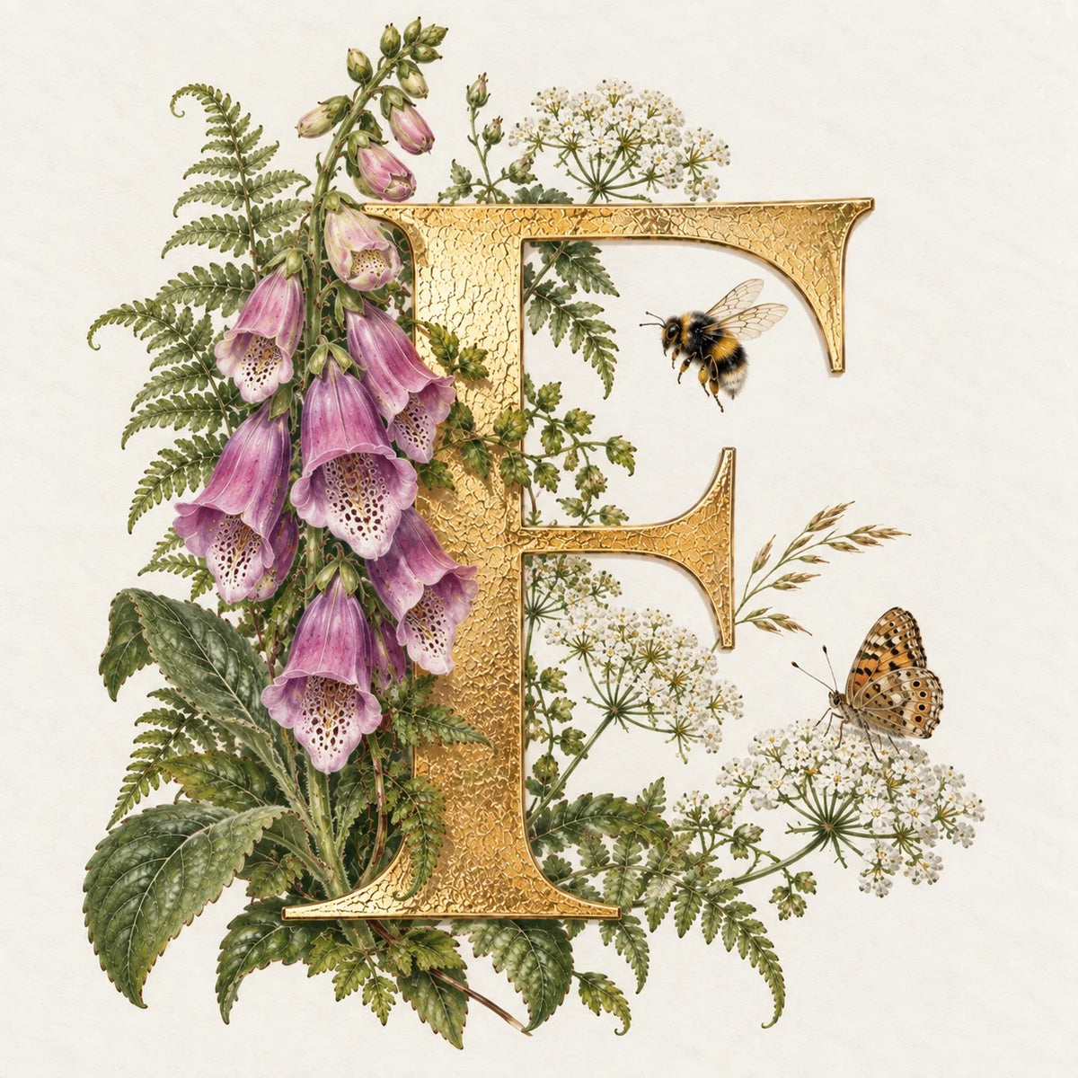 Botanical Letter F Card - Floral Initial , 6 x 6 Inch Greeting Card, Blank Inside with Envelope