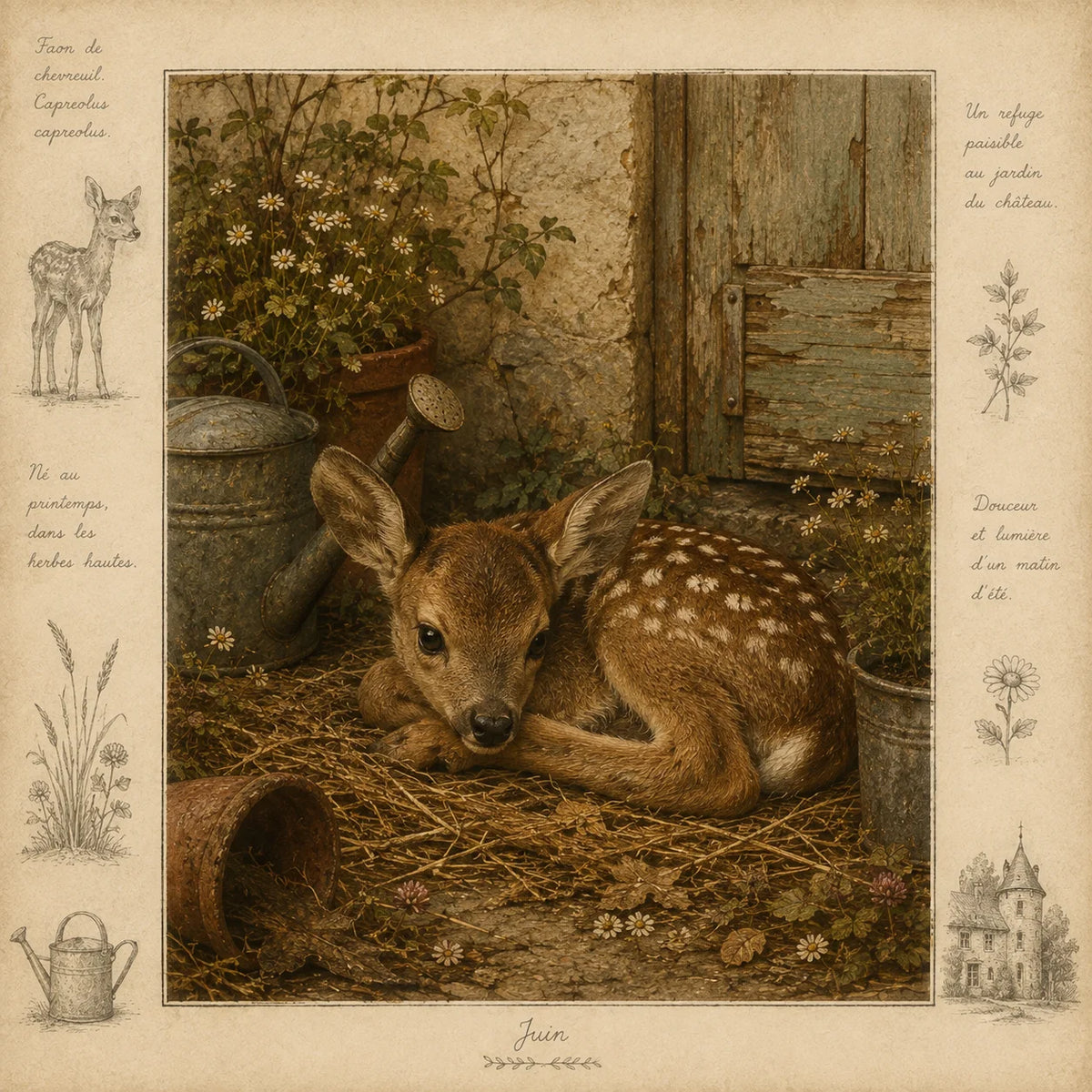 Fawn in a French Country Garden Greeting Card - Baby Deer Card - Single Card or Pack of 5 - Jardin de Charmant