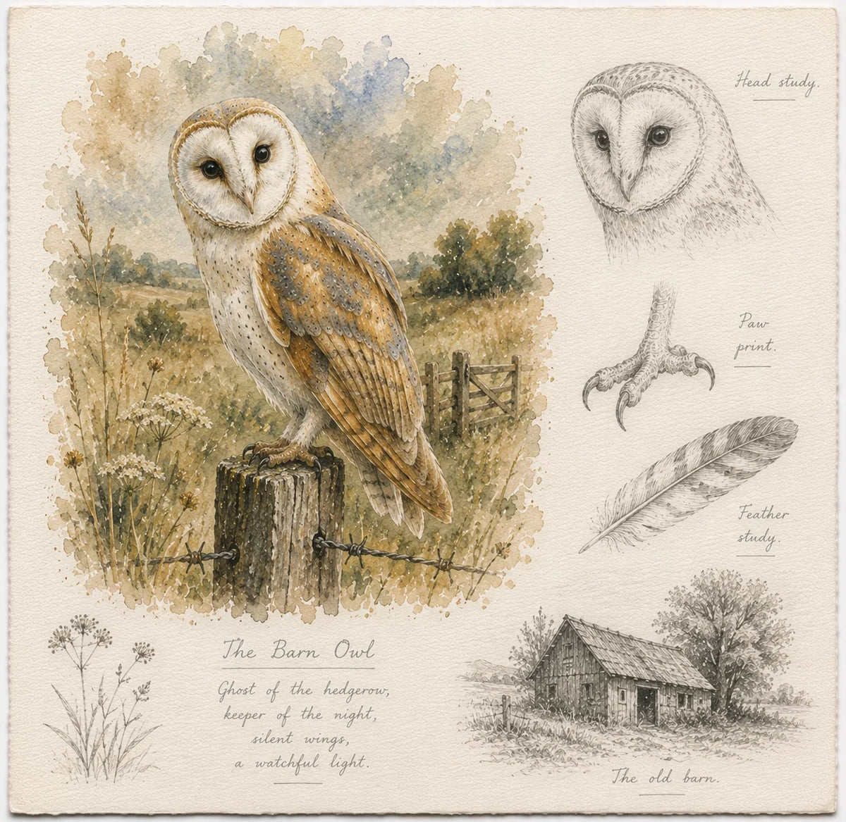 Barn Owl Greeting Card - British Wildlife Field Journal Card - Single Card or Pack of 5