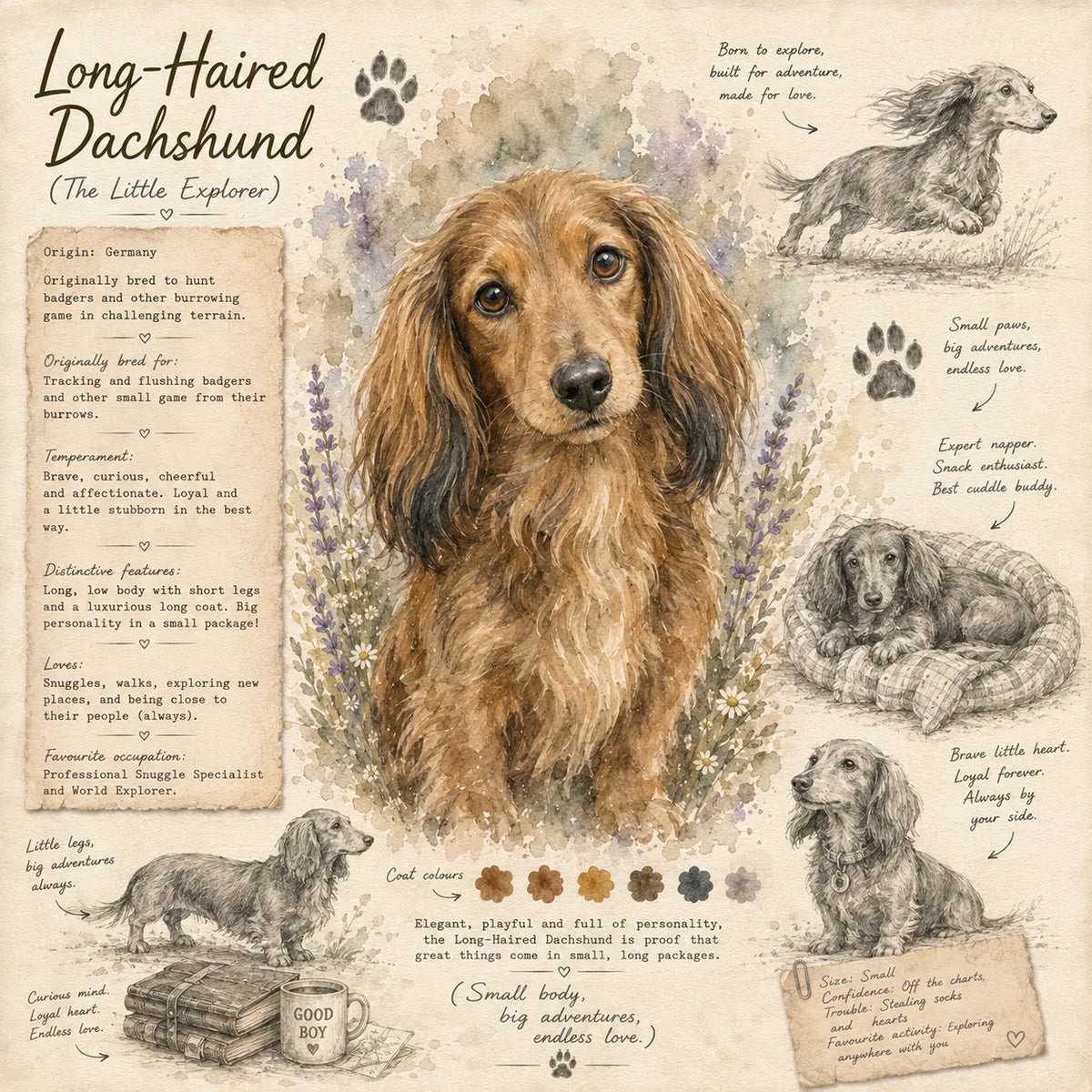 Long Haired Dachshund Greeting Card - Dachshund Dog Card - Watercolour Style Dog Art - Birthday Card - Single Card or Pack of 5