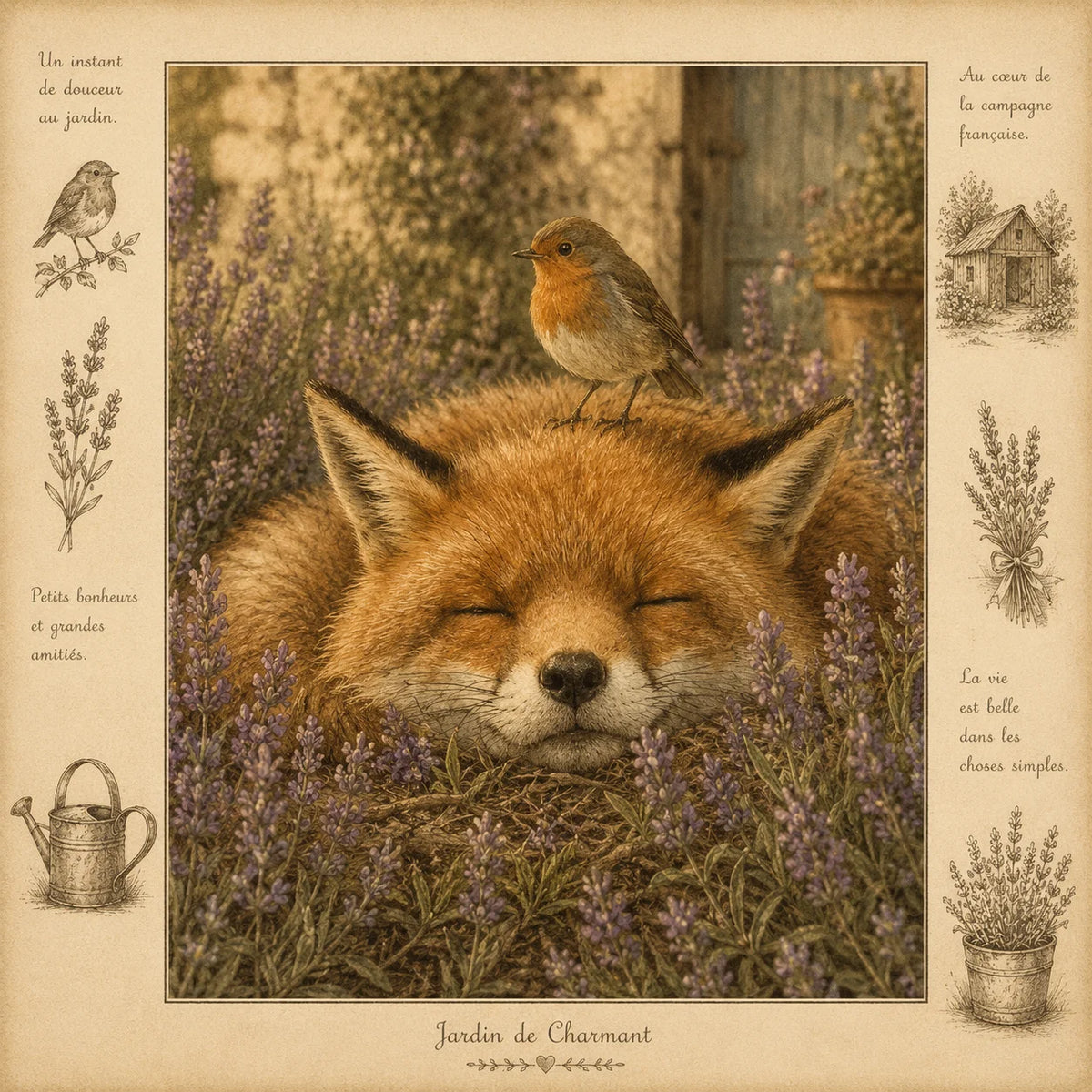Fox and Robin in a French Lavender Garden Greeting Card - Jardin de Charmant - French Countryside Wildlife Card