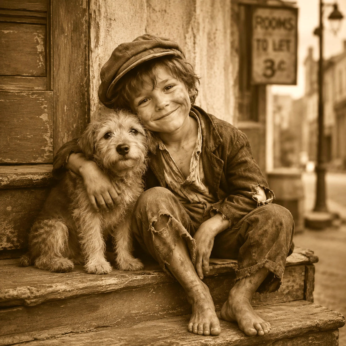 Boy and His Dog Sepia Greeting Card - Nostalgic Childhood Friendship Card - Vintage Style Dog Lover Card