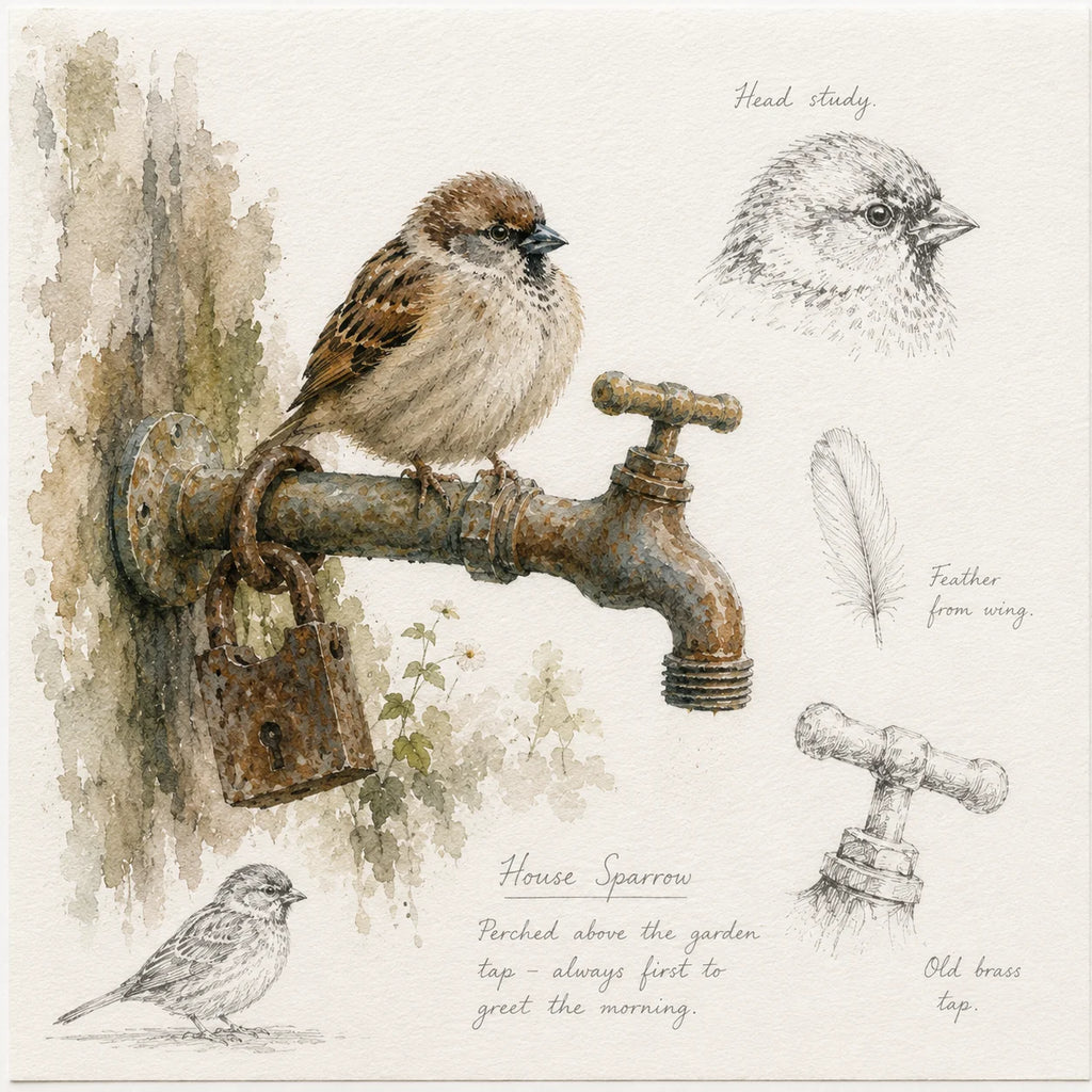House Sparrow on an Old Garden Tap - Vintage Wildlife Greeting Card