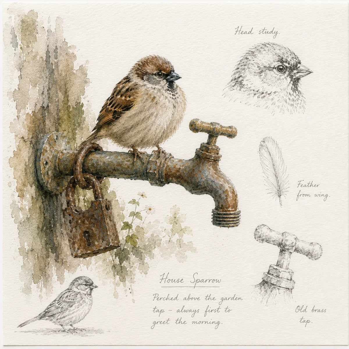 House Sparrow on an Old Garden Tap - Vintage Wildlife Greeting Card