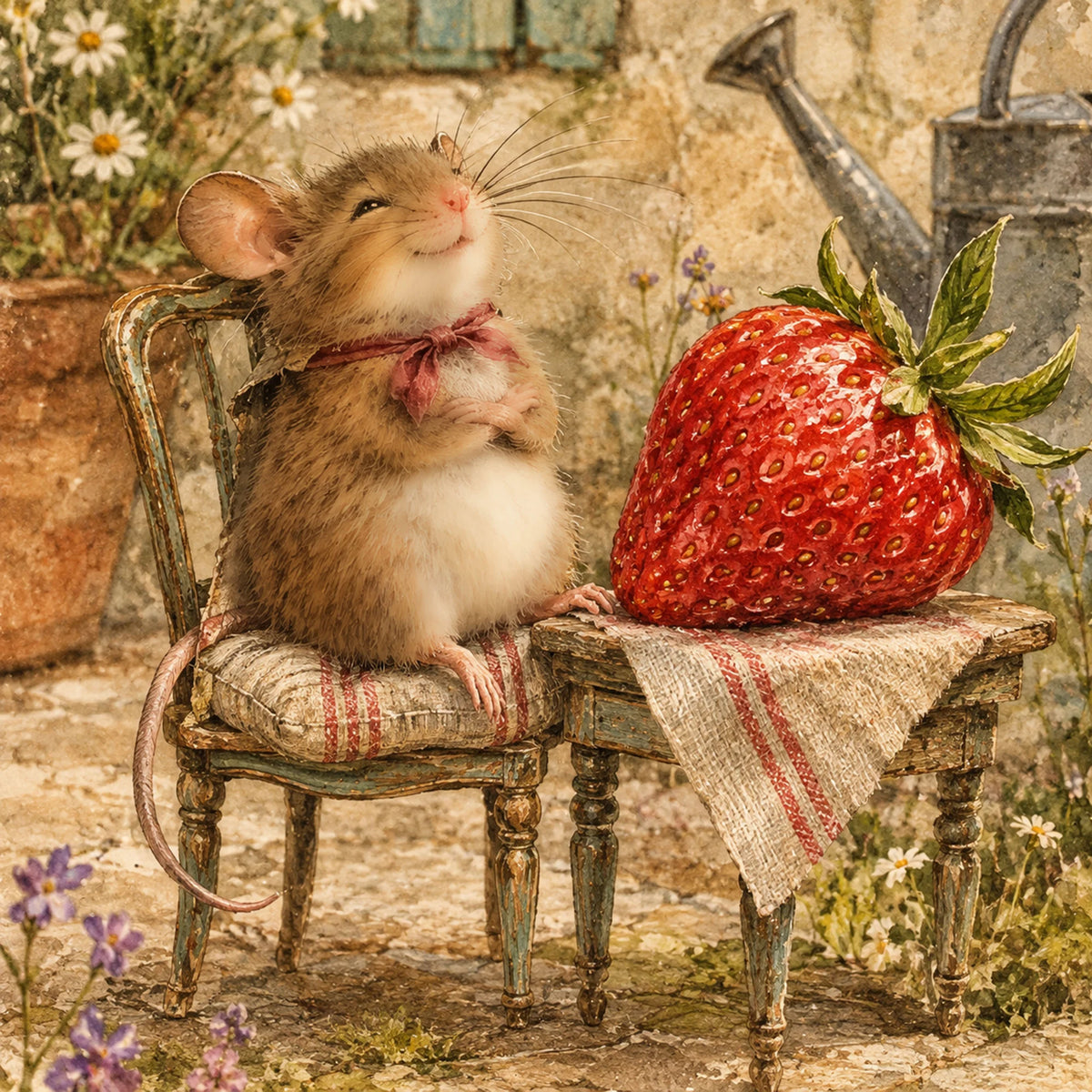 Mouse and Strawberry Greeting Card -  Country Garden Mouse Card - Cute Wildlife Card - French Country Style - Single Card or Pack of 5