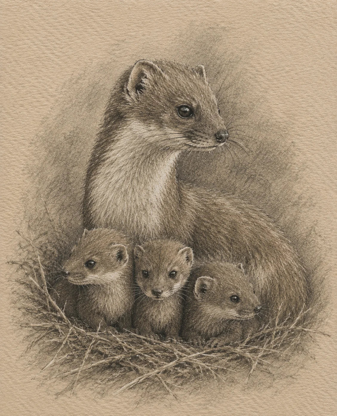 Weasel and Kits Greeting Card - Sepia Wildlife Card - Mother and Babies - British Countryside Card - Single Card or Pack of 5